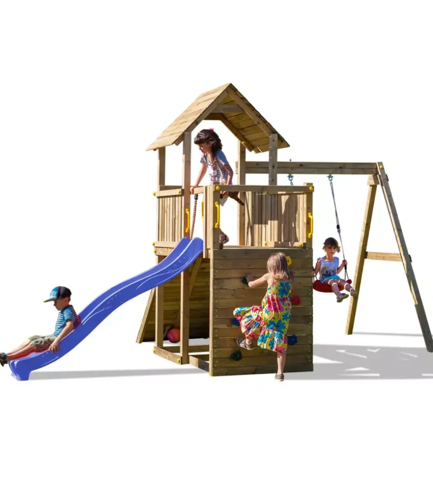 Gioco per bambini da esterno in legno fungoo "carol 3" con torretta, altalena, scivolo, parete da arrrampicata e rampa con corda 310x460x282 cm