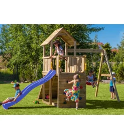 Gioco per bambini da esterno in legno fungoo "carol 3" con torretta, altalena, scivolo, parete da arrrampicata e rampa con corda 310x460x282 cm