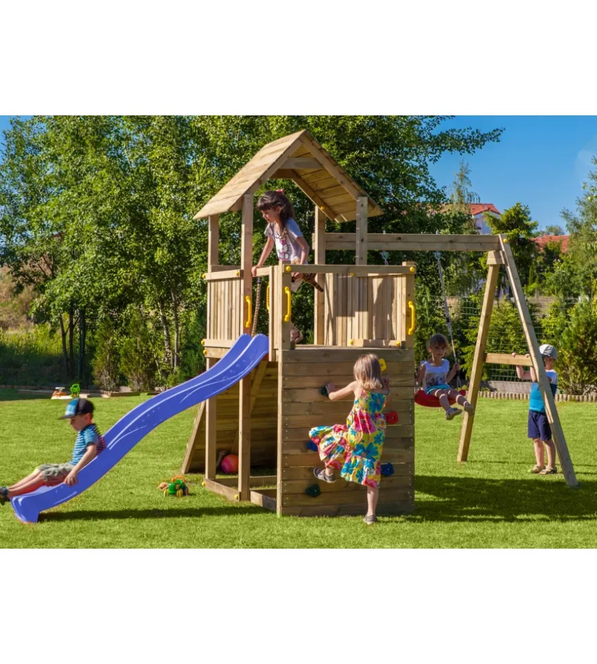 Gioco per bambini da esterno in legno fungoo "carol 3" con torretta, altalena, scivolo, parete da arrrampicata e rampa con corda 310x460x282 cm