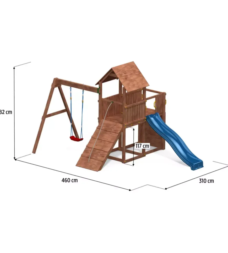 Gioco per bambini da esterno in legno fungoo "carol 3" con torretta, altalena, scivolo, parete da arrrampicata e rampa con corda 310x460x282 cm