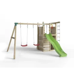 Gioco per bambini da esterno in legno fungoo "houser" con torretta, 2 altalene, corda da arrampicata e scala in corda 343x363x220 cm