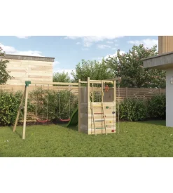 Gioco per bambini da esterno in legno fungoo "houser" con torretta, 2 altalene, corda da arrampicata e scala in corda 343x363x220 cm