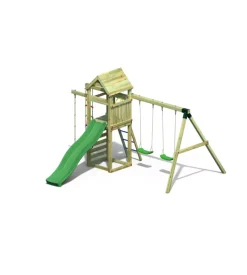 Gioco per bambini da esterno in legno fungoo "gaia" con torretta con scivolo, altalena doppia e corde, 382x381x252 cm