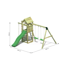 Gioco per bambini da esterno in legno fungoo "gaia" con torretta con scivolo, altalena doppia e corde, 382x381x252 cm