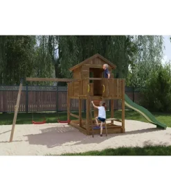 Gioco per bambini da esterno in legno fungoo "mars" con casetta con finestra, altalena e scivolo, 558x301x280 cm