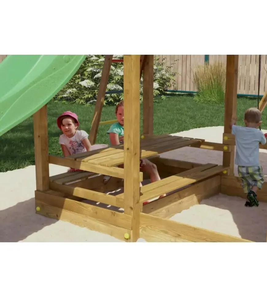 Gioco per bambini da esterno in legno fungoo "mars" con casetta con finestra, altalena e scivolo, 558x301x280 cm