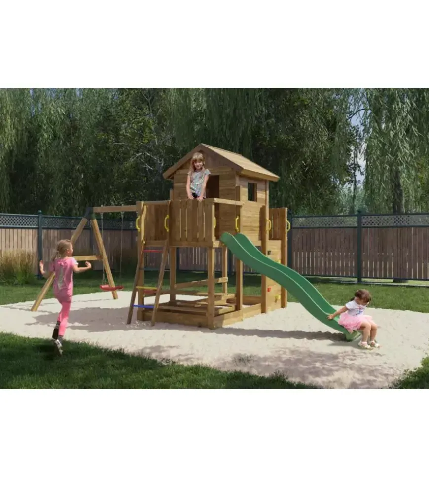 Gioco per bambini da esterno in legno fungoo "mars" con casetta con finestra, altalena e scivolo, 558x301x280 cm