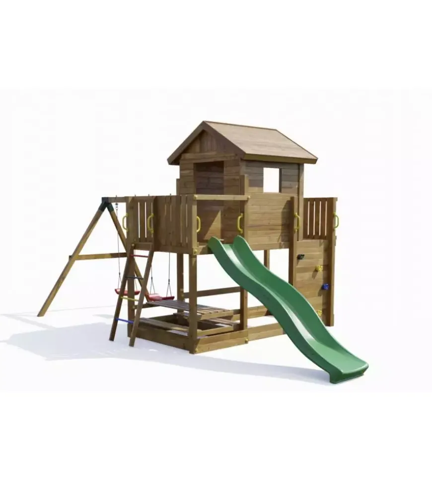 Gioco per bambini da esterno in legno fungoo "mars" con casetta con finestra, altalena e scivolo, 558x301x280 cm