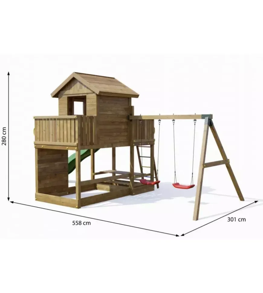 Gioco per bambini da esterno in legno fungoo "mars" con casetta con finestra, altalena e scivolo, 558x301x280 cm