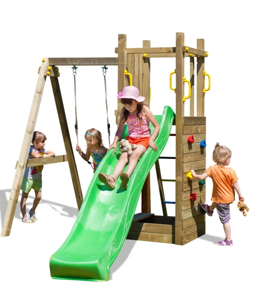 Gioco per bambini da esterno in legno fungoo "funny 3" con torretta, altalena, scivolo e parete da arrrampicata 290x200x210 cm