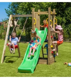Gioco per bambini da esterno in legno fungoo "funny 3" con torretta, altalena, scivolo e parete da arrrampicata 290x200x210 cm