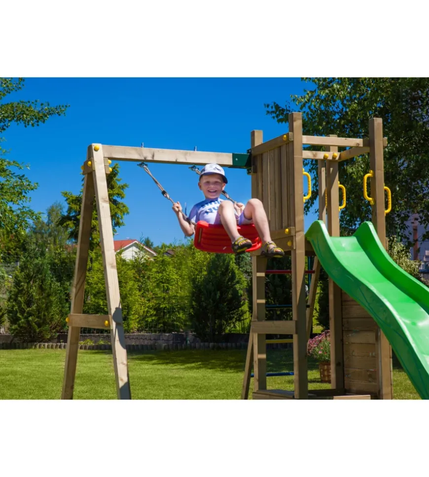 Gioco per bambini da esterno in legno fungoo "funny 3" con torretta, altalena, scivolo e parete da arrrampicata 290x200x210 cm