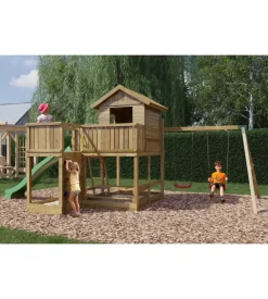 Gioco per bambini da esterno fungoo "pluto" con casetta con finestra, altalena doppia e scivolo, 558x301x280 cm