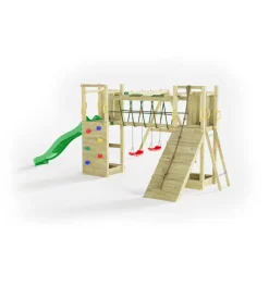 Gioco per bambini da esterno in legno fungoo "maxi funny exposure" con scivolo, torretta, ponte e altalena, 525x398x210 cm