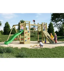 Gioco per bambini da esterno in legno fungoo "maxi funny exposure" con scivolo, torretta, ponte e altalena, 525x398x210 cm