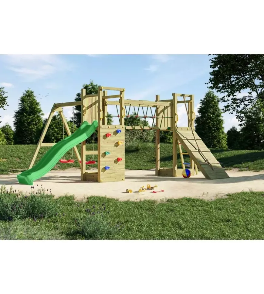 Gioco per bambini da esterno in legno fungoo "maxi funny exposure" con scivolo, torretta, ponte e altalena, 525x398x210 cm