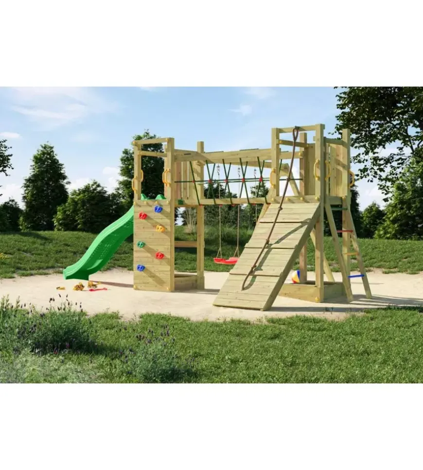Gioco per bambini da esterno in legno fungoo "maxi funny exposure" con scivolo, torretta, ponte e altalena, 525x398x210 cm