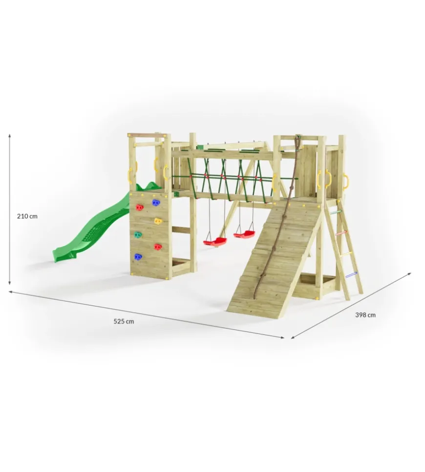 Gioco per bambini da esterno in legno fungoo "maxi funny exposure" con scivolo, torretta, ponte e altalena, 525x398x210 cm
