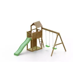 Gioco per bambini da esterno in legno fungoo "boomer 3" con torretta con scivolo e altalena doppia, 431x302x270 cm