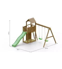 Gioco per bambini da esterno in legno fungoo "boomer 3" con torretta con scivolo e altalena doppia, 431x302x270 cm