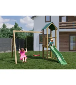 Gioco per bambini da esterno in legno fungoo "lucas" con torretta, 2 altalene e scivolo 310x275x245 cm