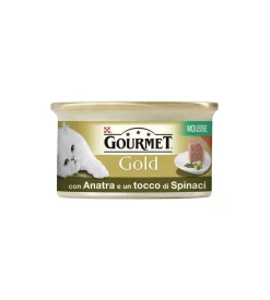 Gourmet gold, alimento umido per gatto, mousse con anatra e un tocco di spinaci.