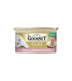 Gourmet gold alimento umido per gatto, mousse con trota e deliziosi pomodori.