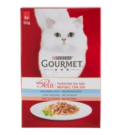 Gourmet mon petit alimento per gatto umido con merluzzo, sardine e salmone 6x50 gr.