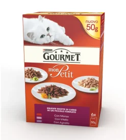 Gourmet mon petit, alimento umido per gatto, carne di manzo, vitello e agnello.