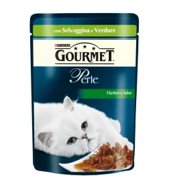 Gourmet perle - alimento umido per gatto, filettini in salsa con verdure e selvaggina.