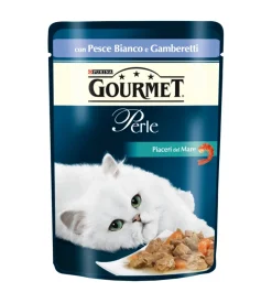 Gourmet perle - piaceri del mare con pesce dell'oceano e gamberetti, alimento umido per gatto.