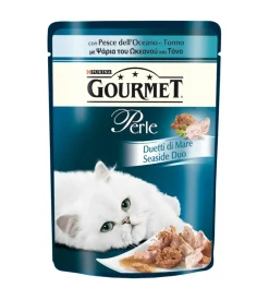 Gourmet perle, alimento umido per gatto, duetti di mare con pesce dell'oceano e tonno.