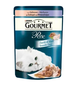 Gourmet perle, alimento umido per gatto, duetti di mare con salmone e merluzzo.