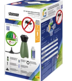 Kit geyser nebulizzatore antizanzare a batteria stocker 2l 2,5 bar 3,6v 2,5ah con tubo diffusore da 10 m e disabituante florifens 100 ml