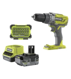 Kit trapano a percussione a batteria ryobi "r18pd3-140sa" con set punte 18v 4ah e caricabatterie