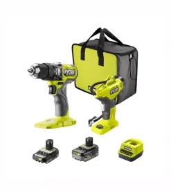 Kit trapano a percussione brushless e compressore portatile ryobi - con 2 batterie 18v 2ah
