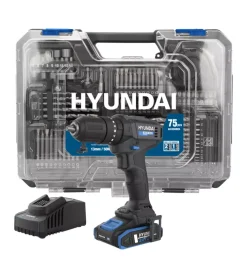 Kit valigetta trapano a percussione a batteria hyundai 50 nm 20v 2ah, caricabatterie e 75 utensili - cod. 25873