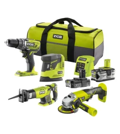 Kit valigetta trapano avvitatore, smerigliatrice angolare, levigatrice palmare e seghetto gattuccio a batteria ryobi "r18dd3 + r18ag + rps18 + rrs1801" 2 batterie 18v 2ah/4ah