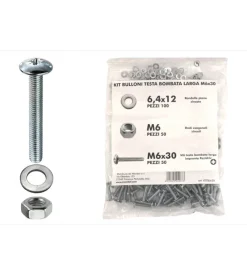 Kit viti testa bombata larga ø 6 x 30 + dadi + rondelle - 200 pz.