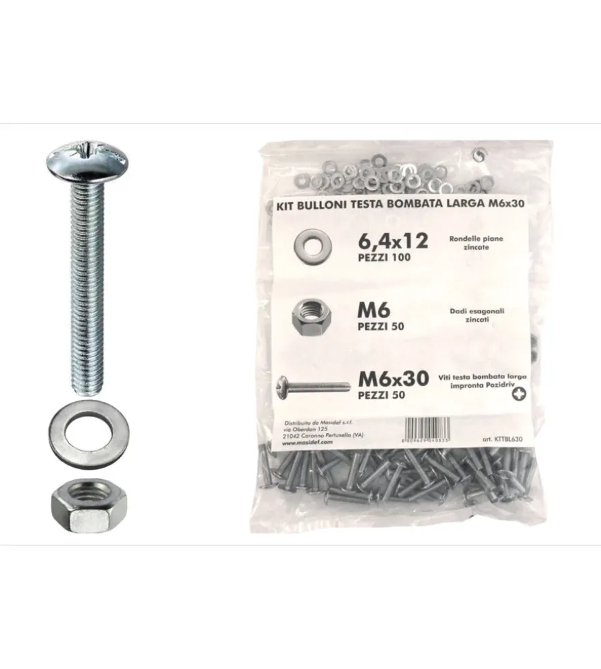 Kit viti testa bombata larga ø 6 x 30 + dadi + rondelle - 200 pz.