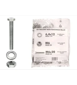 Kit viti testa esagonale m6 x 20 + dadi + rondelle - 200 pz.