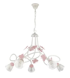 Lampadario 5 luci "butterly" bianco e rosa, e14
