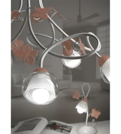 Lampadario 5 luci "butterly" bianco e rosa, e14