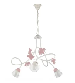 Lampadario 3 luci "butterly" bianco e rosa, e14