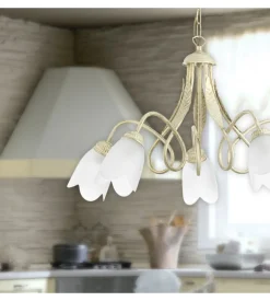 Lampadario "shabby" 5 luci metallo color avorio, e14