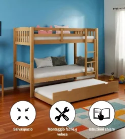 Letto a castello bellahome "tolosa" in pino massello miele 201,5x97,5x156 cm