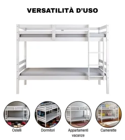 Letto a castello "lione" in pino massello bianco laccato 199,5x97x150 cm