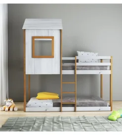 Letto a castello per ragazzi bellahome "lille" in pino massello con soppalco a casetta 200,5x111x215 cm