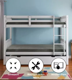 Letto a castello "tolosa" in pino massello bianco 201x98x154 cm