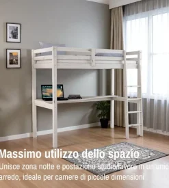 Letto a soppalco con scrivania "nizza" in pino massello bianco 202x98x176 cm